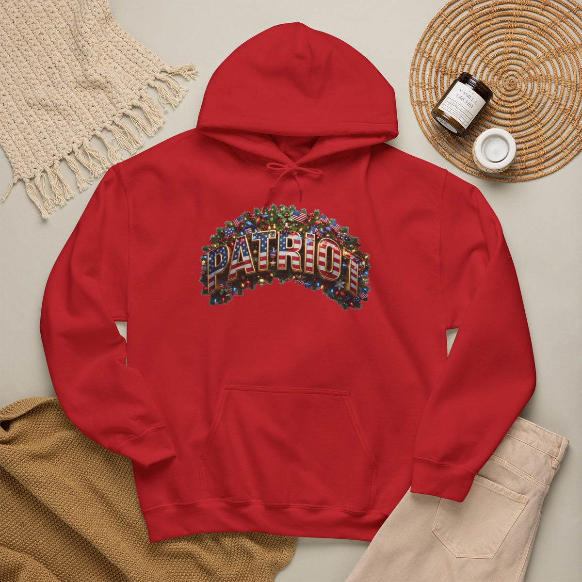 Patriot Christmas Hoodie - Full Arch Garland Flag Graphic | String Lights & Flags | Unisex S-5XL - Patriot Fit Life