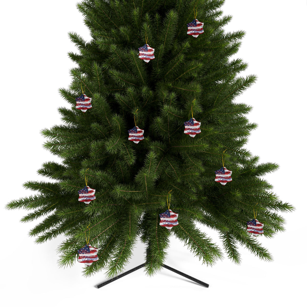 Patriotic Ceramic Ornaments - Blessed Design - American Flag Backdrop - Red White & Blue Blessed Print Design - (Multi-Pack) Options (1, 3, 5, or 10 pieces)