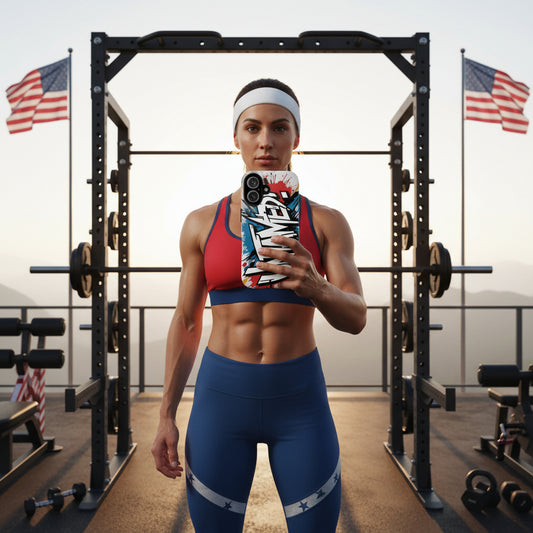 Athlete showing an Untamed phone case with a gym in the background.