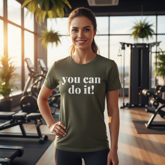 Brown t-shirt with 'you can do it!' text on a gym background