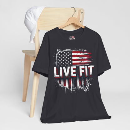 LIVE FIT American Flag T-Shirt - Patriotic Fitness Tee - Distressed USA Flag Design
