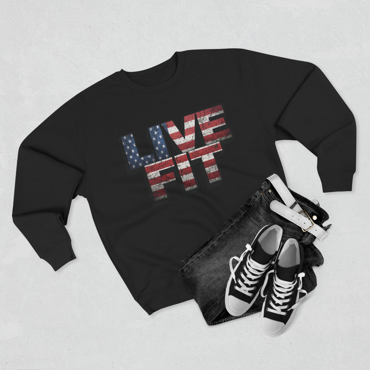 Patriotic Fitness Sweatshirt - American Flag LIVE FIT Design - Red White Blue Crewneck - Unisex S-3XL