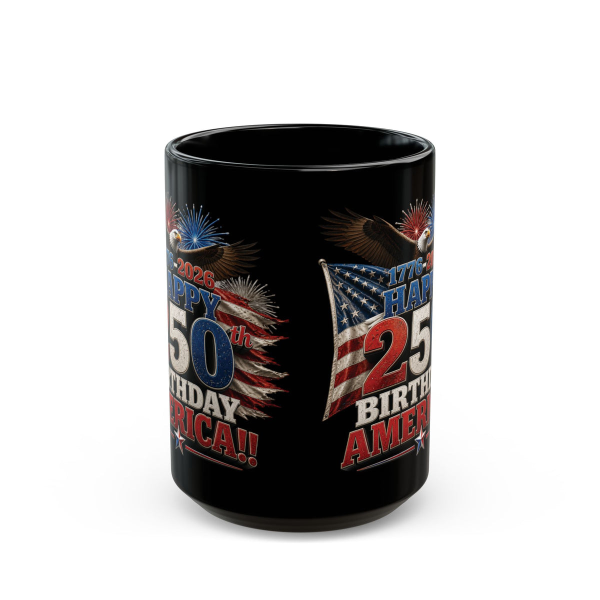 Happy 250th Birthday America Mug | 1776-2026 Patriotic Eagle Flag & Fireworks Black Coffee Cup