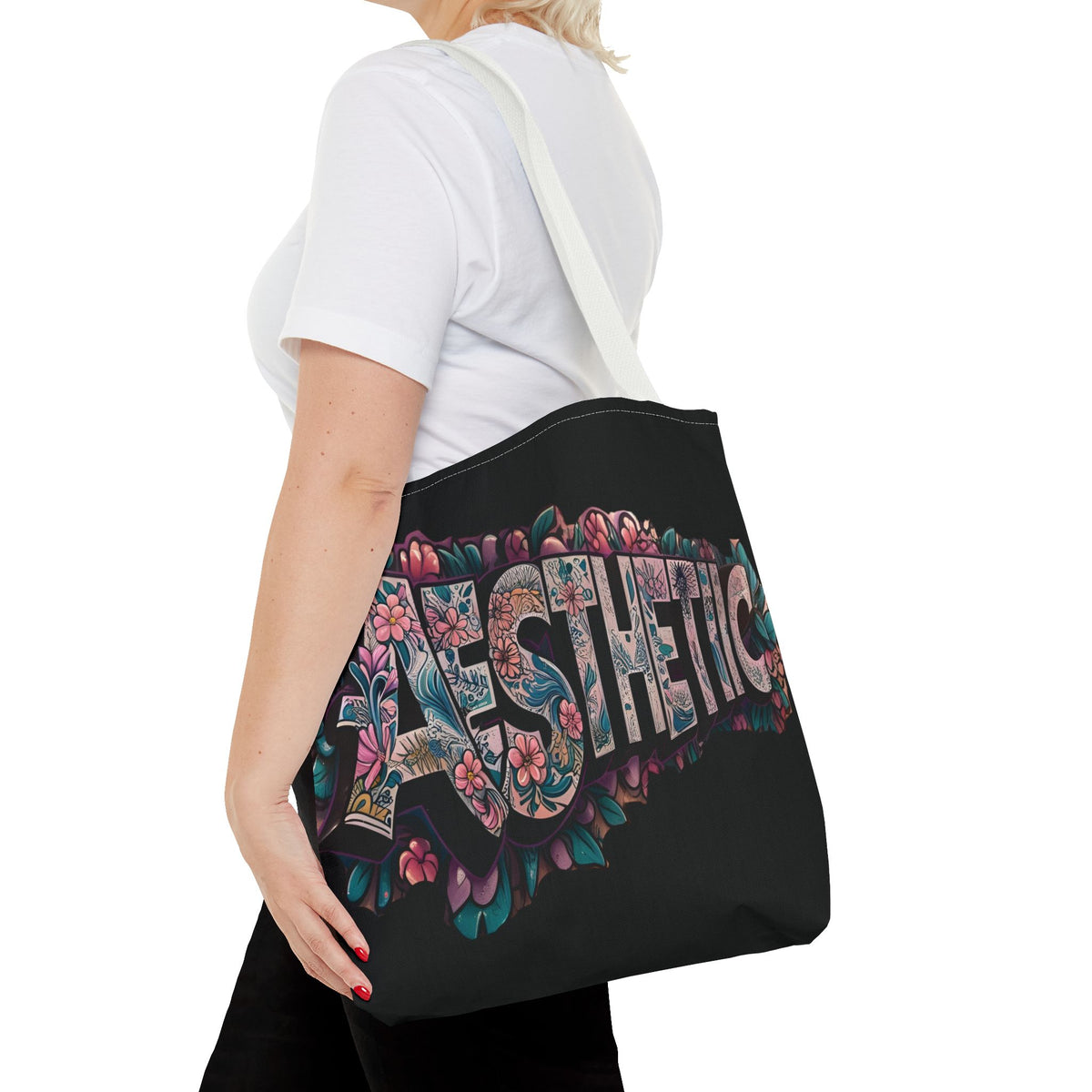 Aesthetic Black Floral Tote Bag - Eco-Friendly Shopping Bag - 3 Sizes