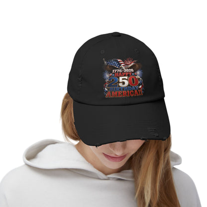 Happy 250th Birthday America Distressed Dad Hat | 1776-2026 Patriotic Eagle Flag & Fireworks Cap