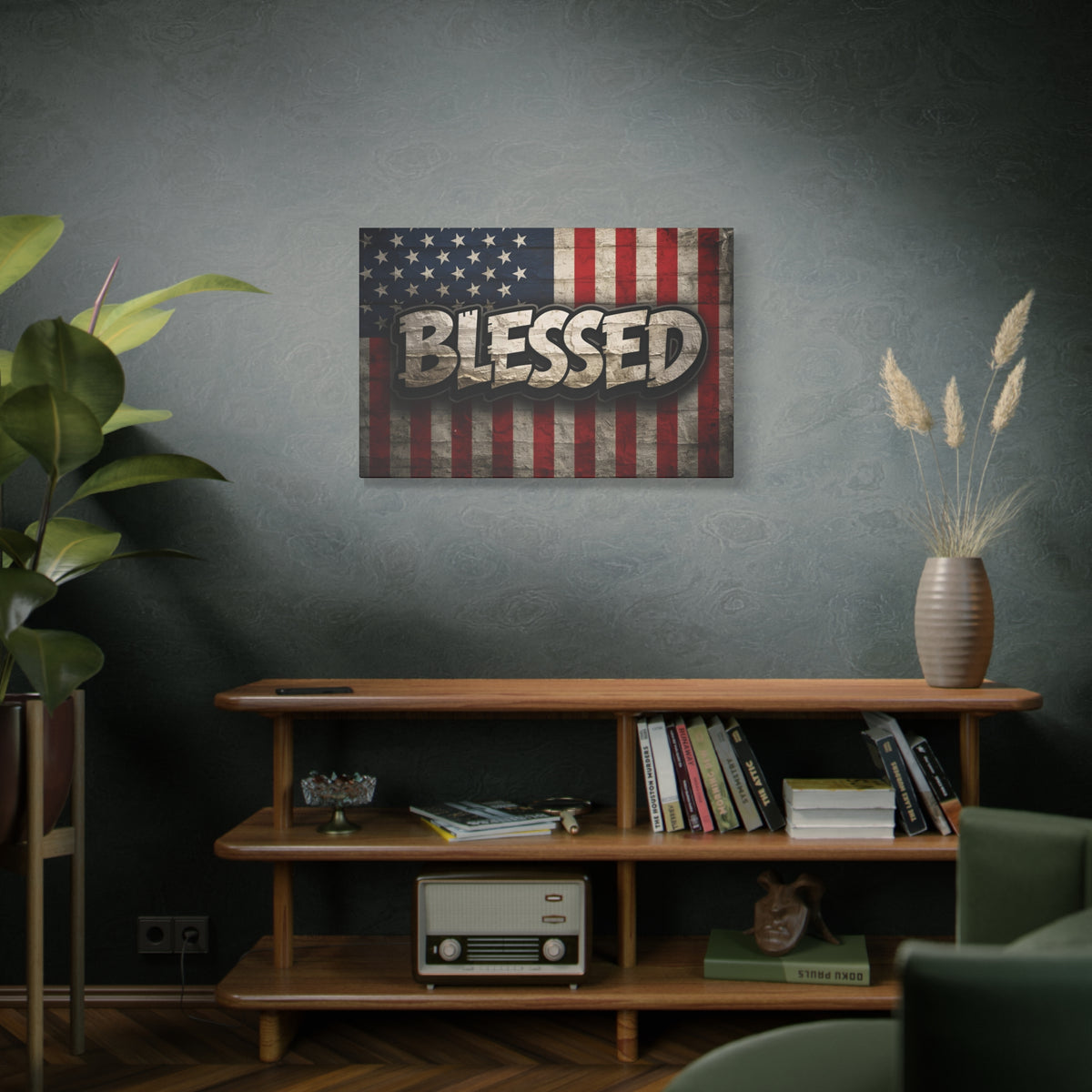 Blessed Vintage American Flag Canvas Wall Art - Patriotic Home Decor