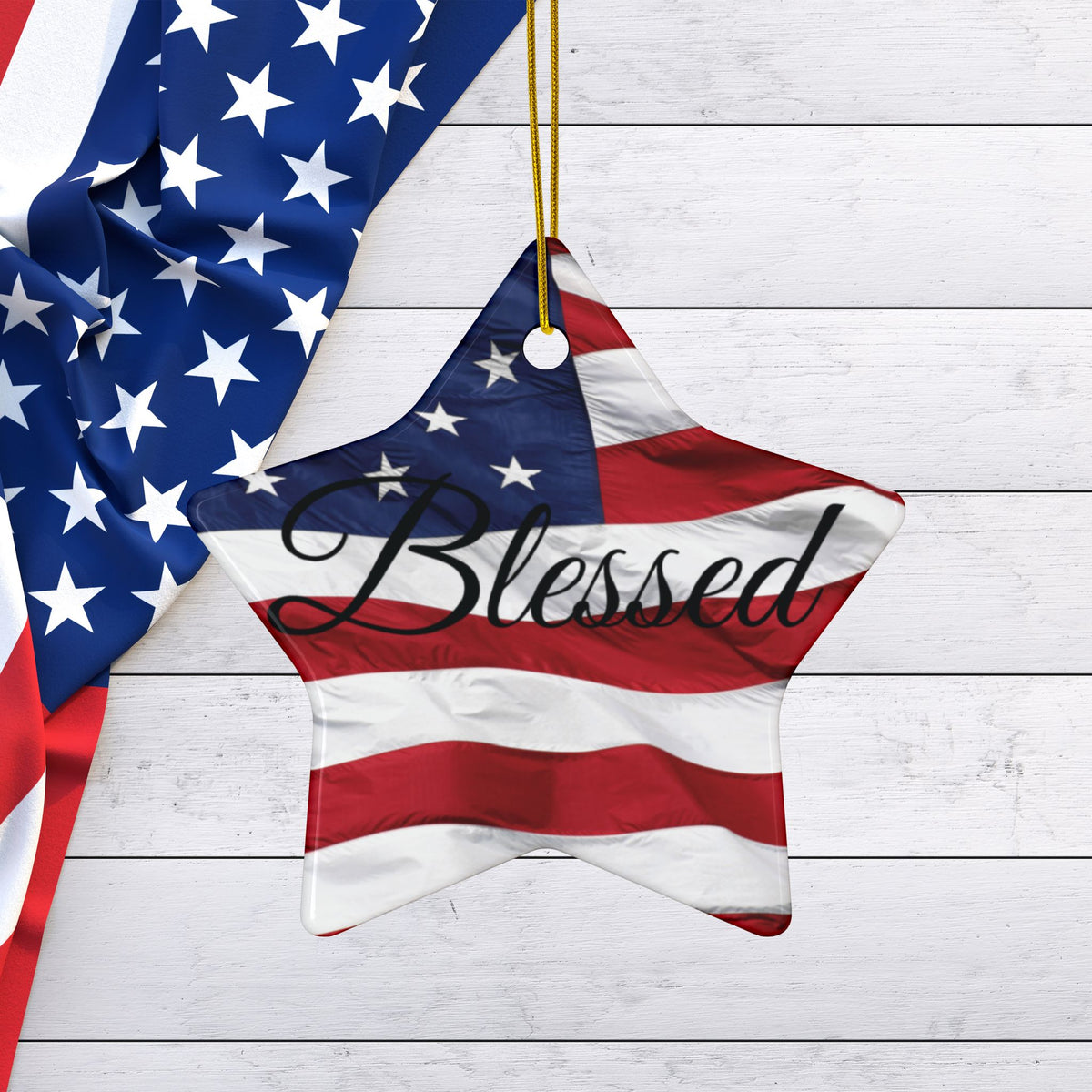 Ceramic Ornaments - Patriotic - Blessed Print - American Flag Backdrop - Red White & Blue