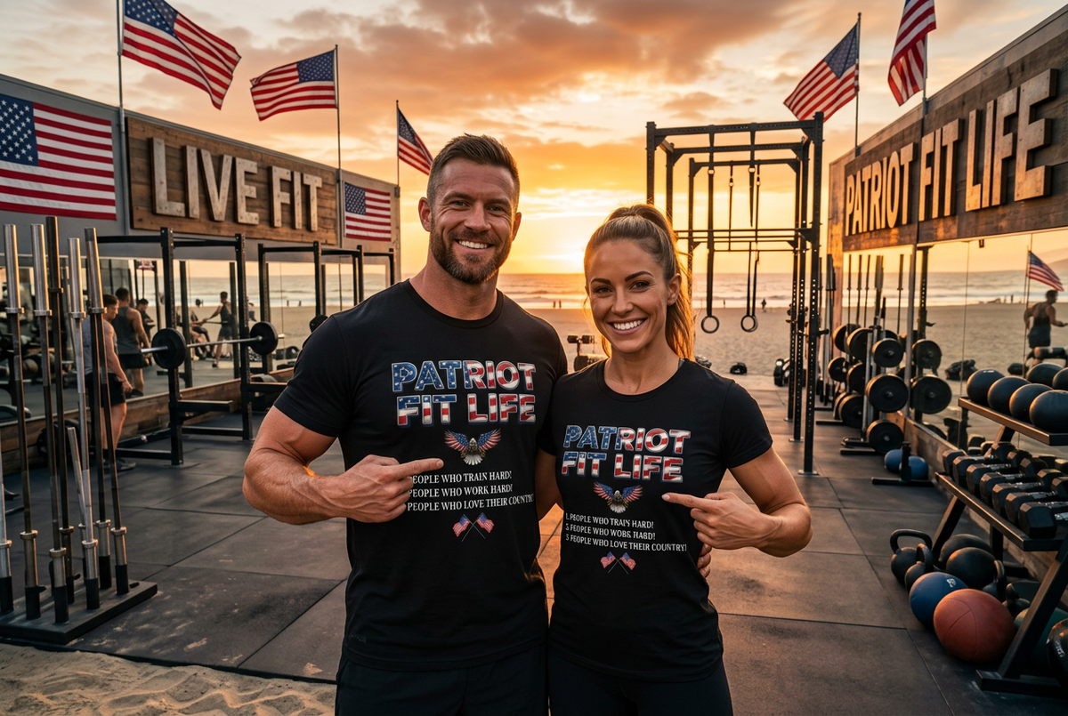A smiling man and woman stand in a gym at sunset wearing matching black T-shirts with a patriotic 'PATRIOT FIT LIFE' graphic printed on the front. The background shows exercise equipment, racks of weights, and American flags hanging overhead.