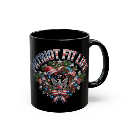 Patriot Fit Life Christmas Coffee Mug - Eagle Wreath with Flags, Lights & Stars Bow | 11oz & 15oz