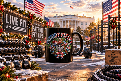 Patriot Fit Life Christmas Coffee Mug - Eagle Wreath with Flags, Lights & Stars Bow | 11oz & 15oz