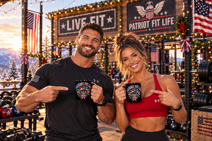 Patriot Fit Life Christmas Coffee Mug - Eagle Wreath with Flags, Lights & Stars Bow | 11oz & 15oz
