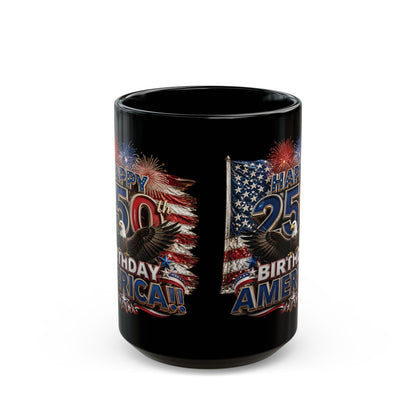 Happy 250th Birthday America Mug | 1776-2026 Patriotic Eagle Flag & Fireworks Black Coffee Cup