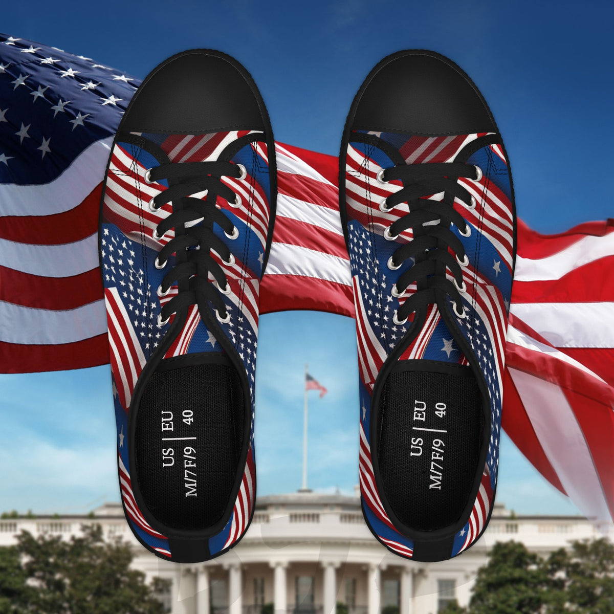 Patriotic - Women's Low Top Sneakers - Stars & Stripes Design - White Sole & Black Sole to Choose From