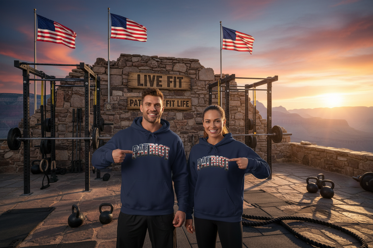 A man and a woman standing outdoors in front of a rustic stone gym wall at sunset, wearing matching navy blue hoodies with a patriotic 'PATRIOT' graphic across the chest. American flags, weight racks, kettlebells, and mountains are visible in the background.