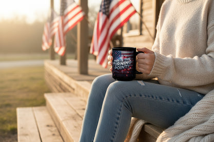 Black mug with American flag design and text 'This is the Turning Point!.