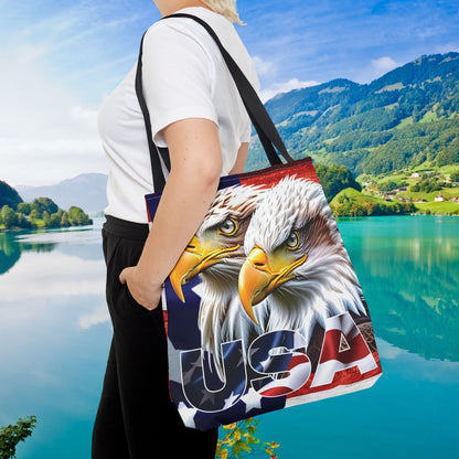 Patriotic - USA - Bald Eagles - Tote Bag - All Over Print - American Flag Design - Five Different Handle Colors - Red - Navy - Black - Beige - White- Different Print On Both Sides