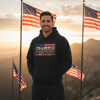 Grateful - Champion Hoodie - Vintage American Flag Design - Red White Blue - Unisex S-3XL