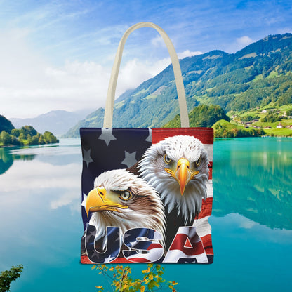 Patriotic - USA - Bald Eagles - Tote Bag - All Over Print - American Flag Design - Five Different Handle Colors - Red - Navy - Black - Beige - White- Different Print On Both Sides