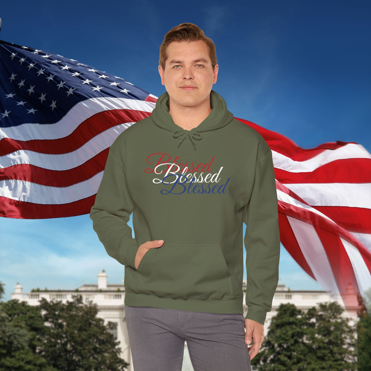 Blessed Hoodie - Patriotic Red White Blue - Unisex Pullover - Front & Back Print - S-5XL
