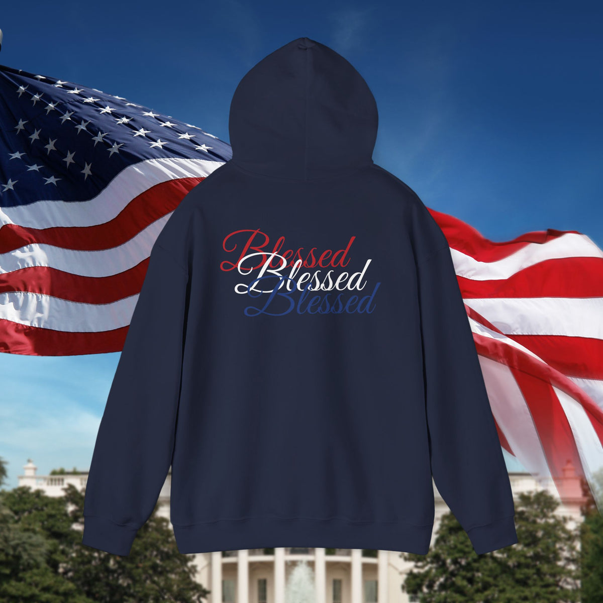 Blessed Hoodie - Patriotic Red White Blue - Unisex Pullover - Front & Back Print - S-5XL