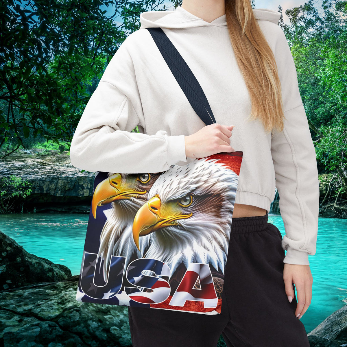 Patriotic - USA - Bald Eagles - Tote Bag - All Over Print - American Flag Design - Five Different Handle Colors - Red - Navy - Black - Beige - White- Different Print On Both Sides