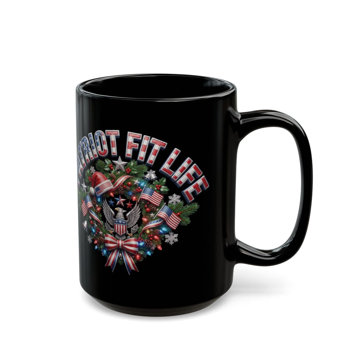 Patriot Fit Life Christmas Coffee Mug - Eagle Wreath with Flags, Lights & Stars Bow | 11oz & 15oz