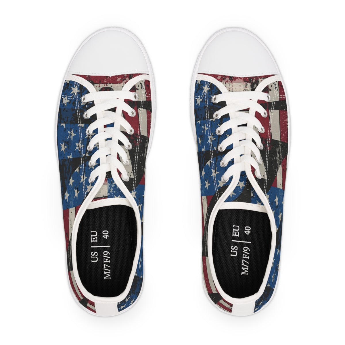 Eye-Catching - All Over Print - USA - Red White & Blue - Low Top Sneakers - Choice of White Sole - or Black Sole