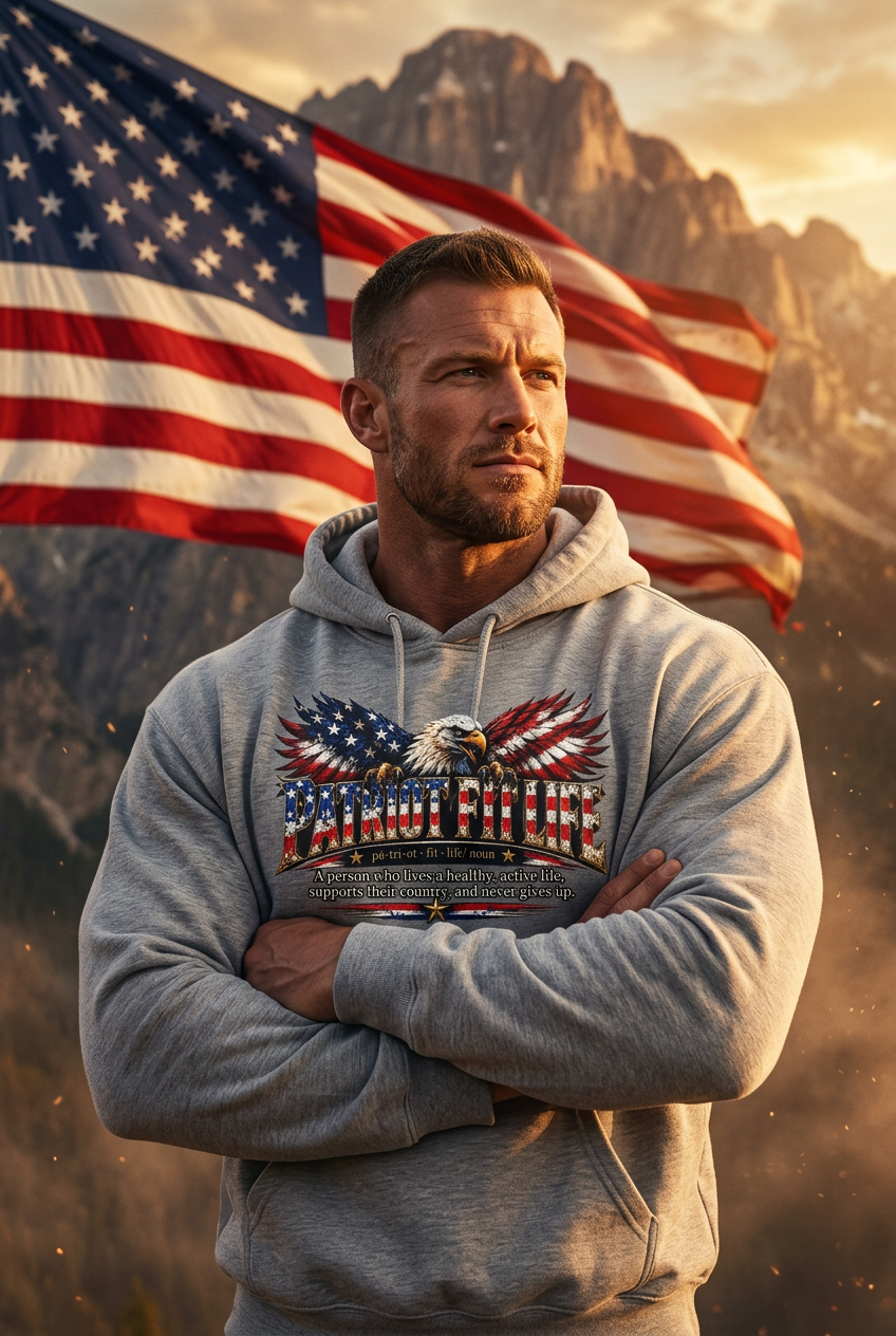 A muscular man wearing a gray hoodie with a patriotic eagle and a PATRIOT FIT LIFE American flag dictionary-style definition graphic stands with arms crossed in front of a mountain landscape and a large American flag.