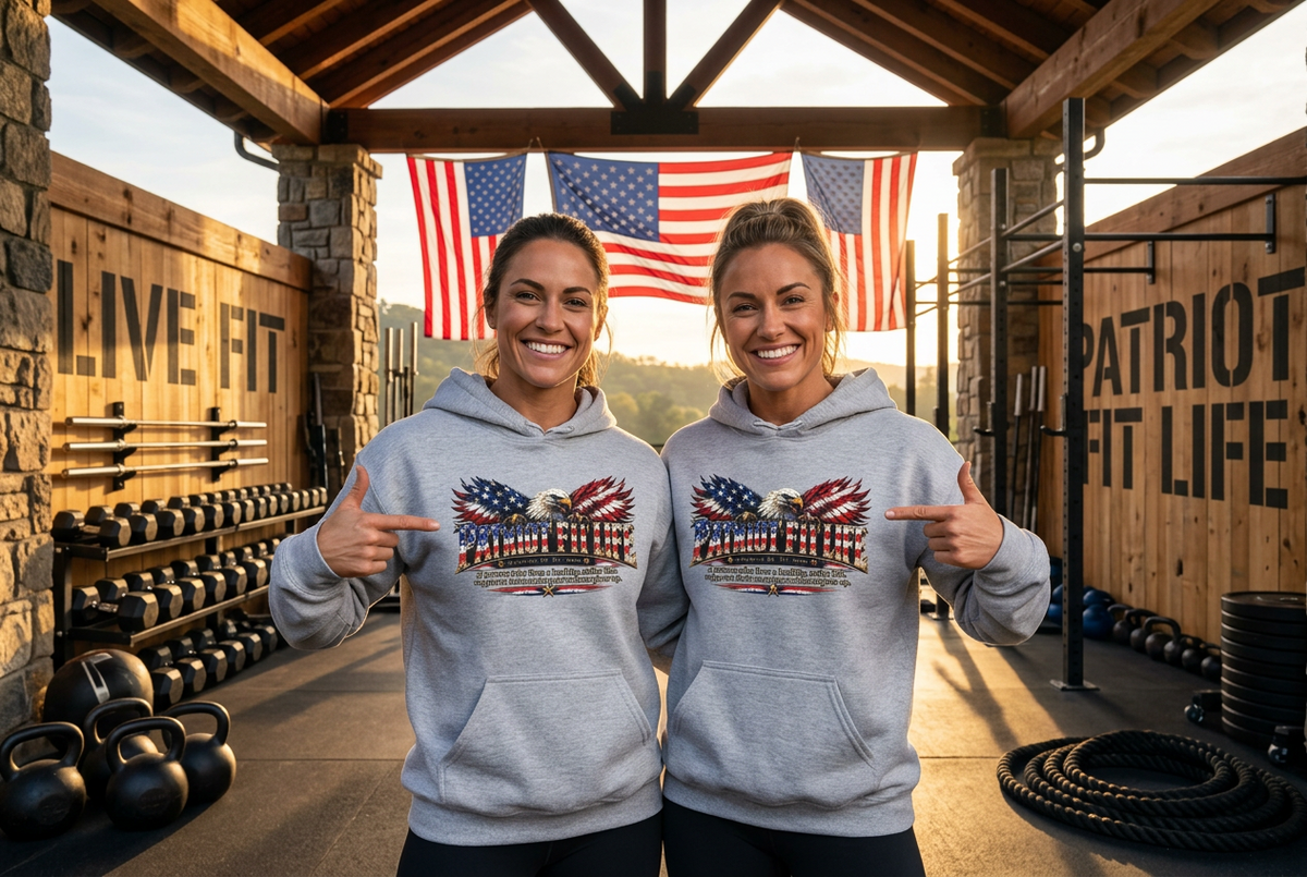 Two women standing in a rustic gym wearing matching PATRIOT FIT LIFE dictionary-style definition light gray hoodies with a patriotic American flag eagle graphic on the chest, pointing at the designs. The background features wooden walls, dumbbells, kettlebells, and American flags hanging in the distance.
