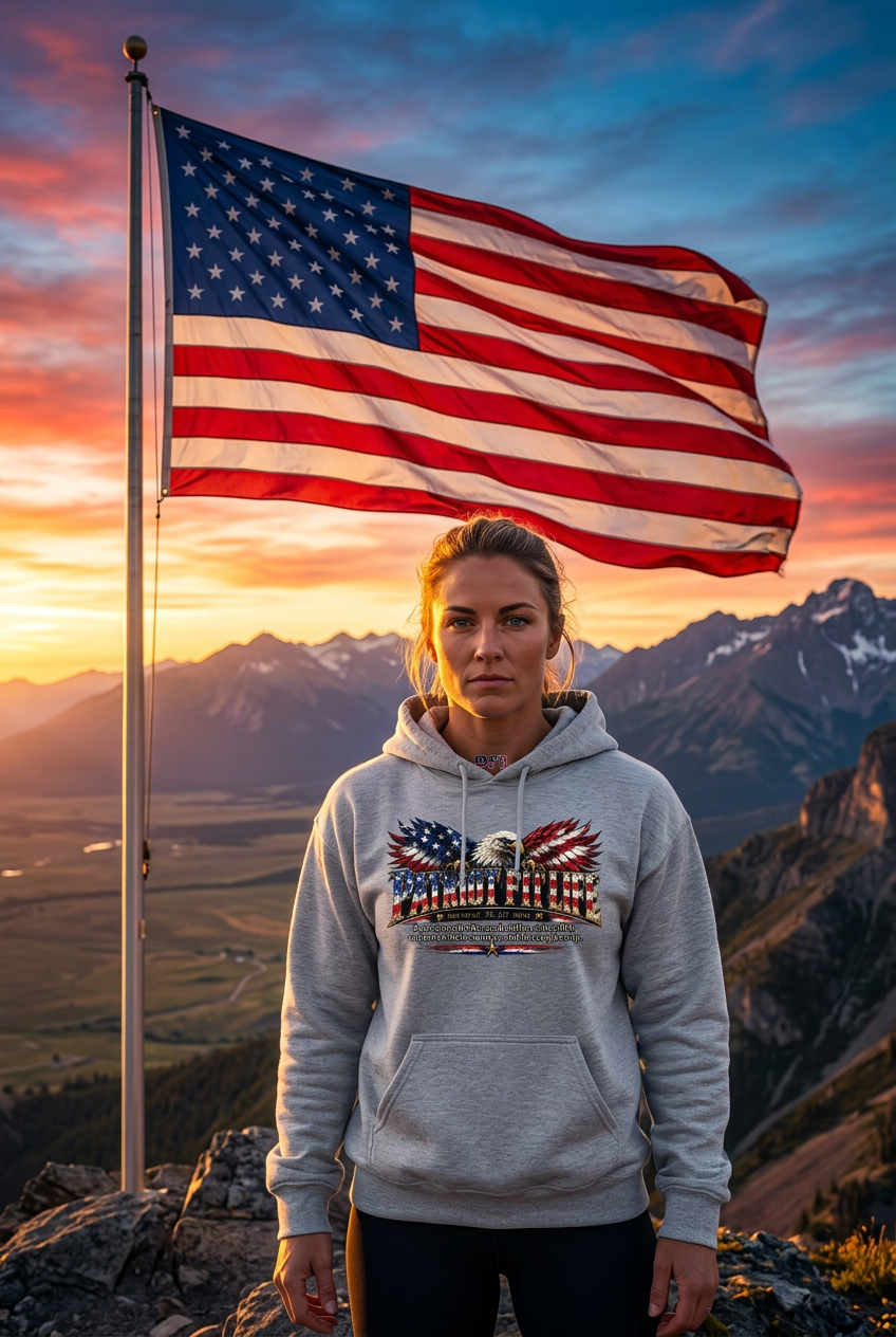 A woman stands on a mountain peak wearing a light gray hoodie with a PATRIOT FIT LIFE dictionary-style definition, a patriotic eagle, and an American flag graphic, with a large American flag waving in the background against a colorful sunset sky. 