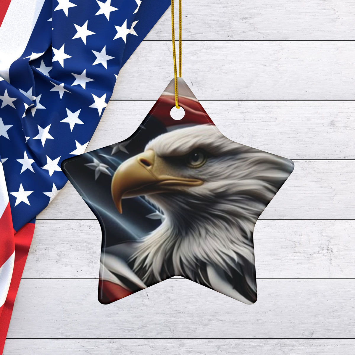 Patriotic Eagle Ornaments - American Flag Backdrop - 2 Sided Same Pic -