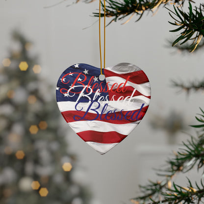 Patriotic Ceramic Ornaments - Blessed Design - American Flag Backdrop - Red White & Blue Blessed Print Design - (Multi-Pack) Options (1, 3, 5, or 10 pieces)