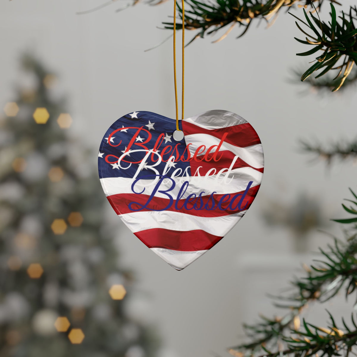 Patriotic Ceramic Ornaments - Blessed Design - American Flag Backdrop - Red White & Blue Blessed Print Design - (Multi-Pack) Options (1, 3, 5, or 10 pieces)