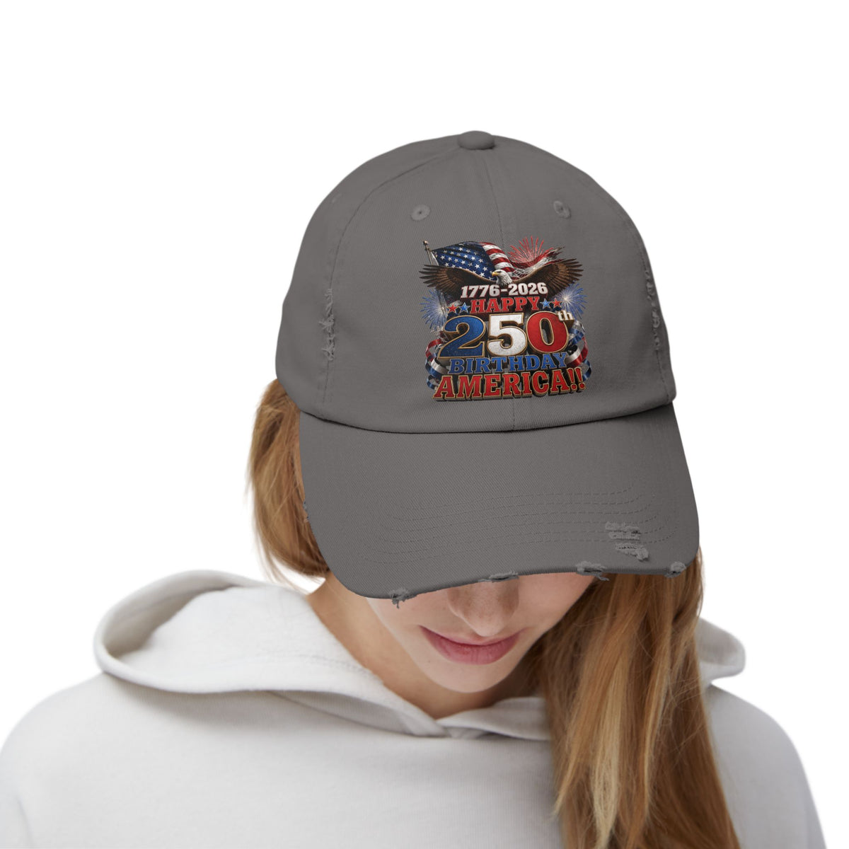 Happy 250th Birthday America Distressed Dad Hat | 1776-2026 Patriotic Eagle Flag & Fireworks Cap