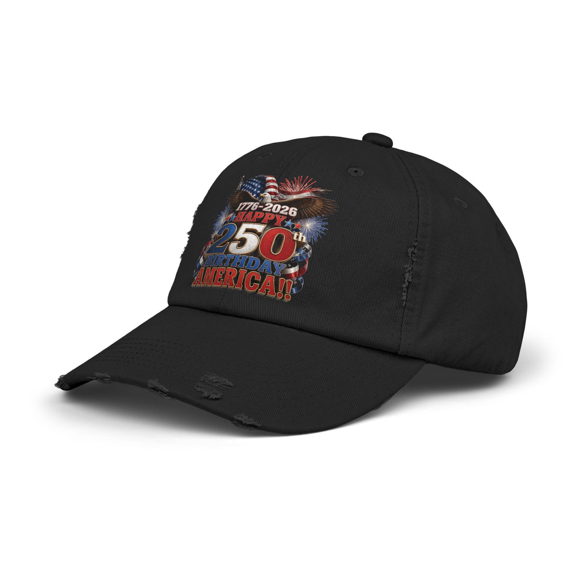 Happy 250th Birthday America Distressed Dad Hat | 1776-2026 Patriotic Eagle Flag & Fireworks Cap