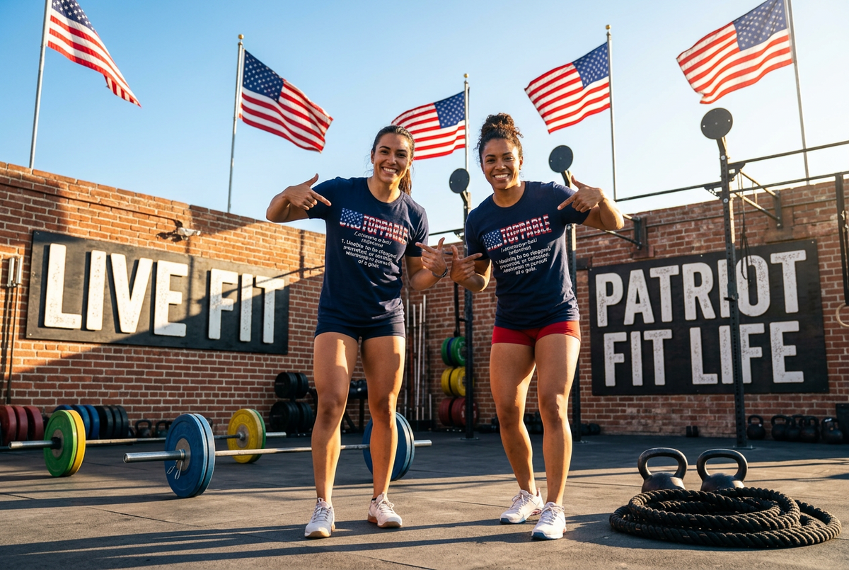 Two women standing in a gym wearing matching navy blue 'Patriot Fit Life' t-shirts, posing with thumbs toward the camera in front of brick walls with American flags and fitness equipment.
