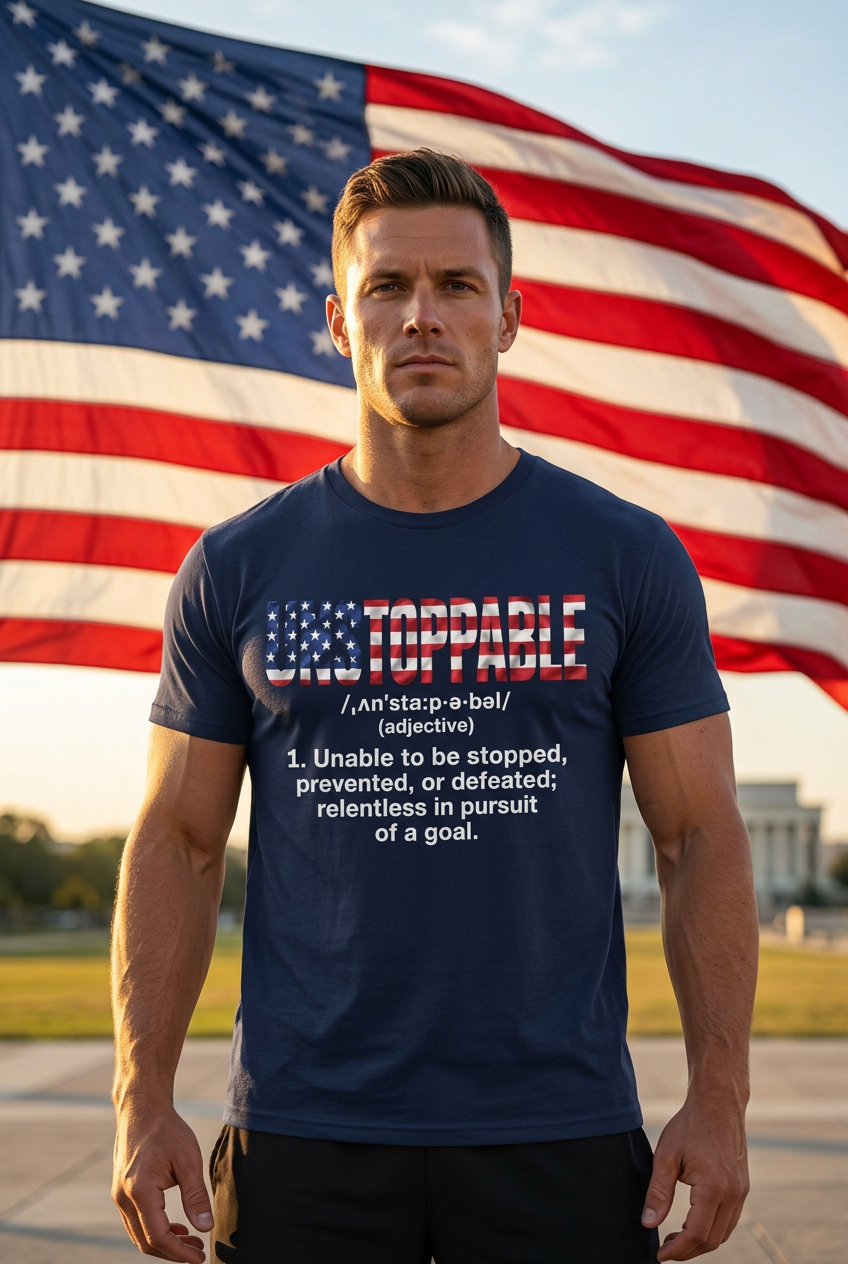 A muscular man wearing a navy blue graphic t-shirt stands in front of a large American flag. The t-shirt features a red, white, and blue graphic with the word 'UNSTOPPABLE' and a dictionary definition printed below it.