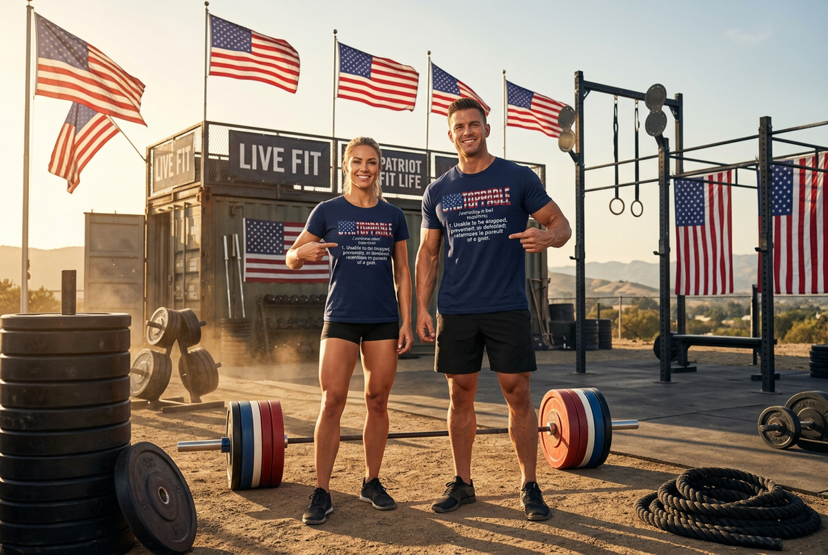 A man and a woman standing outdoors at a CrossFit-style gym, both wearing matching navy blue t-shirts with white text and logos. The background features American flags, a 'LIVE FIT' container, weight racks, and barbells.