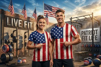 A man and a woman standing in a gym wearing matching distressed American flag t-shirts, with American flags and weight equipment in the background.