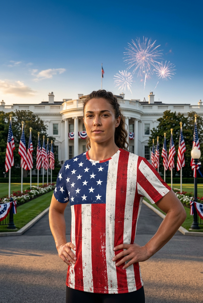 A woman stands in front of the White House wearing a distressed American flag all-over print design t-shirt.