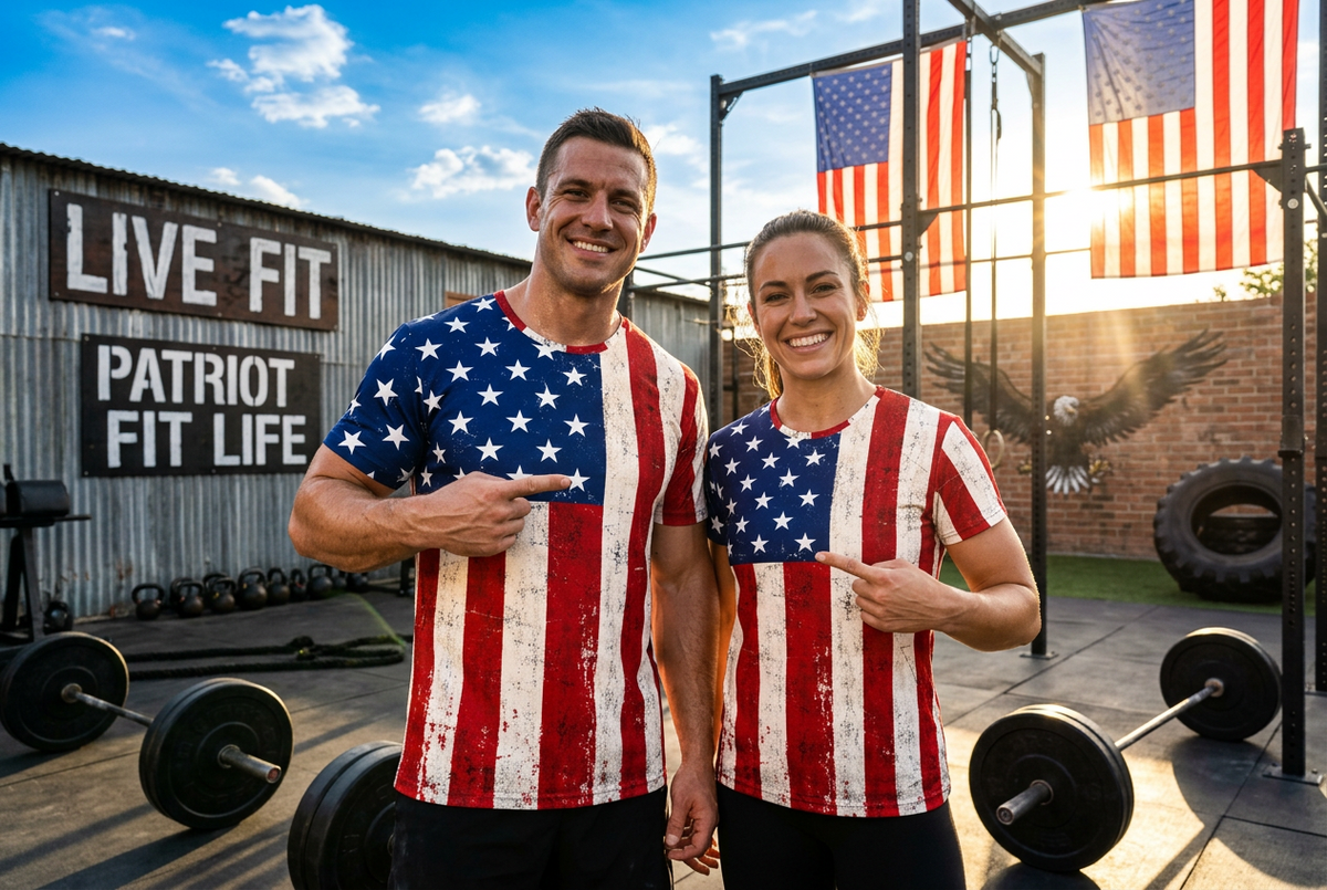 Two smiling athletes standing in an outdoor gym wearing matching distressed American flag all-over print t-shirts, pointing to their designs. The background features a rustic corrugated metal wall with 'LIVE FIT & PATRIOT FIT LIFE' signs, American flags, and weight equipment.