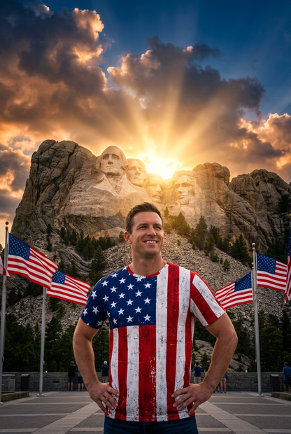 A man wearing a distressed American flag all-over print t-shirt stands in front of Mount Rushmore at sunset, with American flags on poles on both sides.