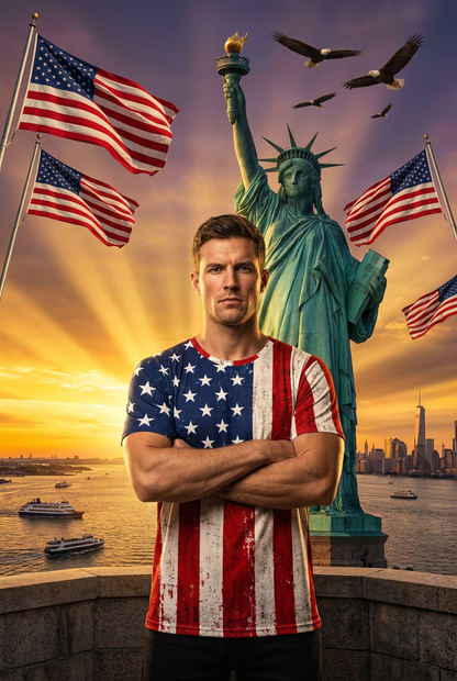 A man stands with arms crossed in front of the Statue of Liberty and American flags, wearing a distressed red, white, and blue American flag t-shirt. The background depicts a New York City harbor sunset scene with boats, the Statue of Liberty, and flying birds.