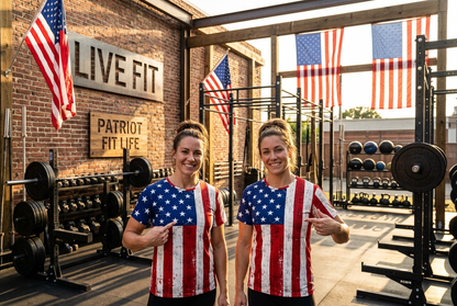 Two women standing in a gym wearing matching distressed American flag graphic t-shirts, with American flags and weight equipment visible in the background.