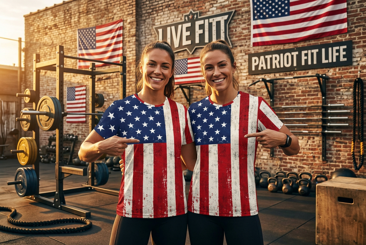 Two smiling women standing in a gym wearing matching t-shirts with a distressed American flag print. The background features a brick wall with 'LIVE FIT' and 'PATRIOT FIT LIFE' signs, along with American flags and fitness equipment.