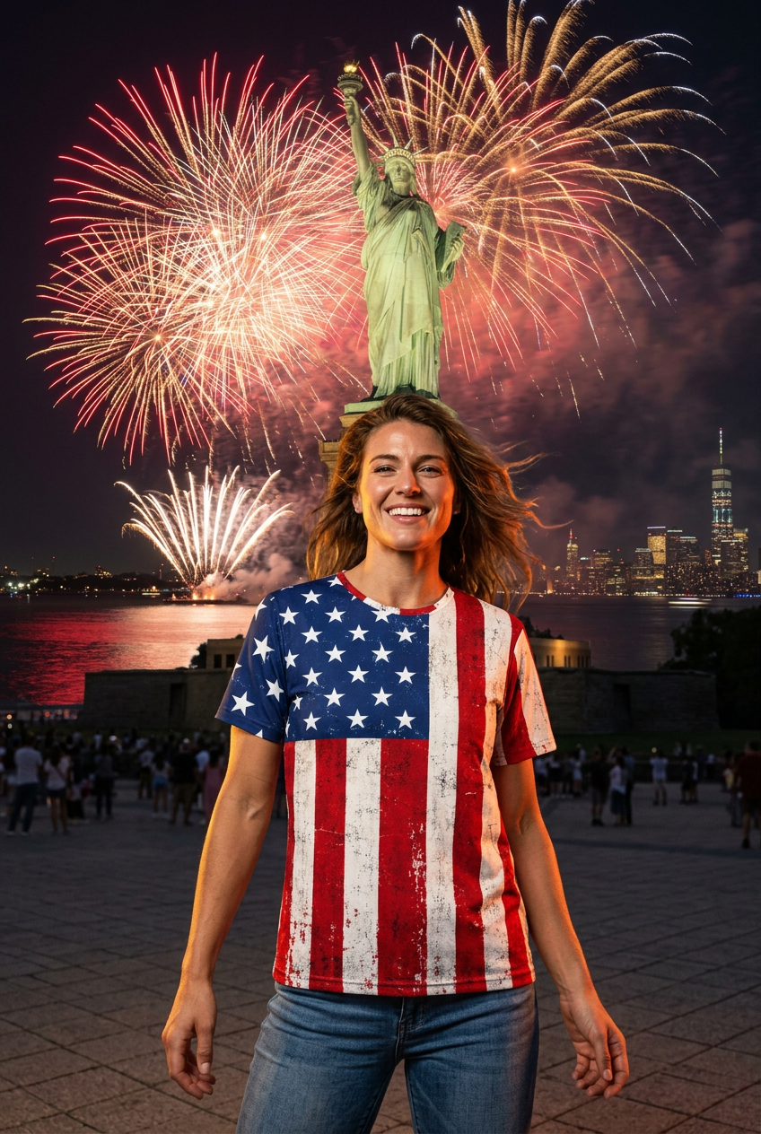 A woman stands outdoors at night in front of fireworks and the Statue of Liberty, wearing a distressed American flag graphic T-shirt and blue jeans.