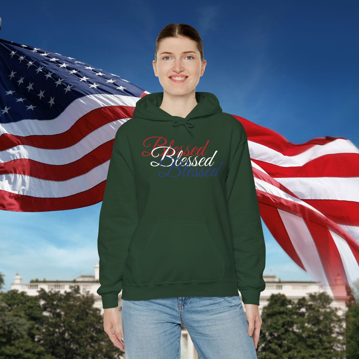 Blessed Hoodie - Patriotic Red White Blue - Unisex Pullover - Front & Back Print - S-5XL