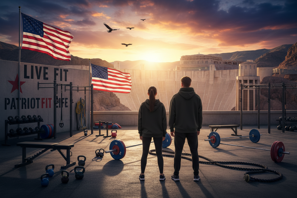 A man and a woman standing on an outdoor gym rooftop overlooking Hoover Dam and mountains at sunset, with American flags, weight equipment, and the text 'LIVE FIT and PATRIOT FIT LIFE' visible on the wall.