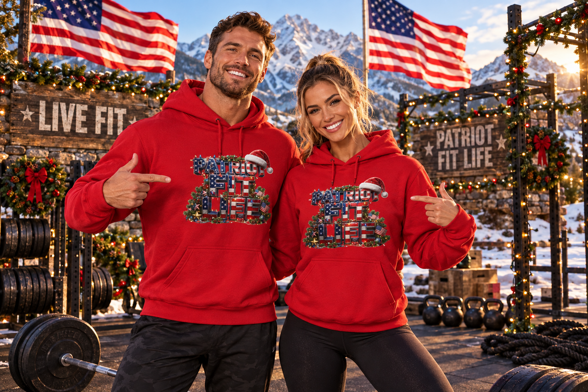 A man and a woman pose together in a decorated outdoor gym setting, both wearing matching red hoodies with a festive graphic that reads PATRIOT FIT LIFE with a red, white, and blue American flag pattern decorated with Christmas ornaments. The background features mountains, American flags, and rustic gym equipment.