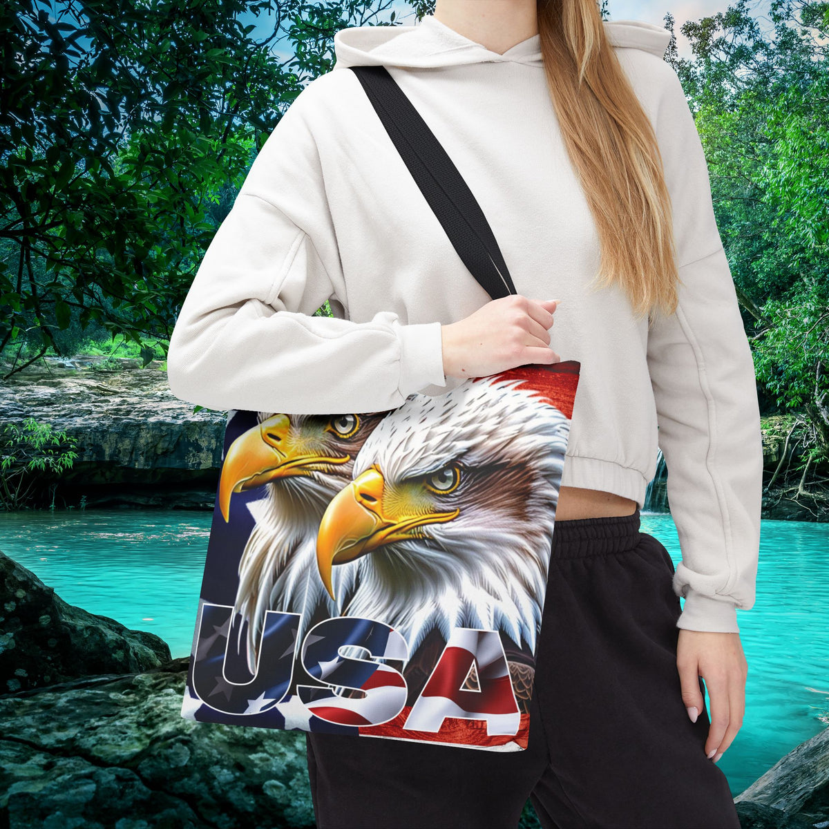 Patriotic - USA - Bald Eagles - Tote Bag - All Over Print - American Flag Design - Five Different Handle Colors - Red - Navy - Black - Beige - White- Different Print On Both Sides
